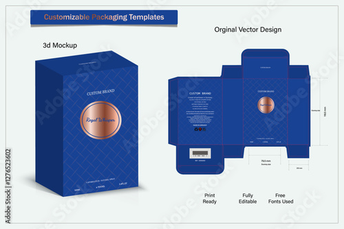 Perfume Packaging design, luxury box design template, Box die line, 3d Box Mockup, and Design elements. Illustration Vector Design Template.