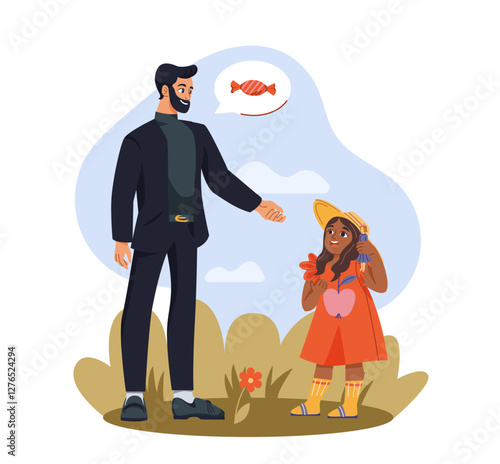 A well-dressed man offers candy to a little girl in a red dress and hat outdoors. The girl looks hesitant while holding a backpack. Concept of child safety awareness. Vector illustration