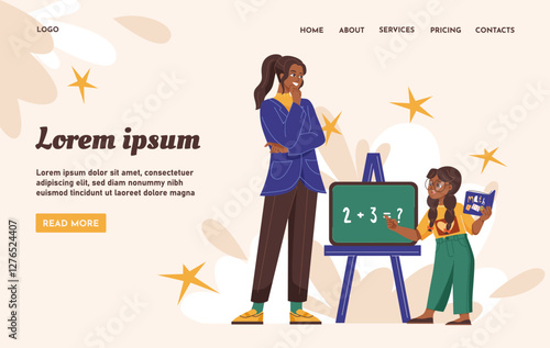 Female teacher and young student solving a math problem on a chalkboard. The student holds a math book, explaining the equation in a classroom setting. Educational concept. Vector illustration