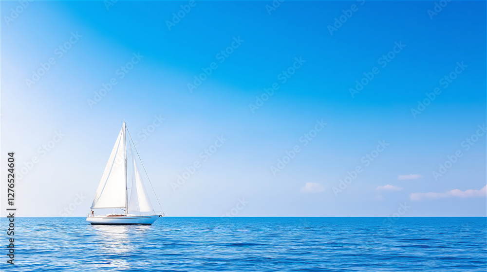 Obraz premium A sailboat sailing on the ocean with bright blue skies above and clear water below, symbolizing freedom and adventure. Copy space available.