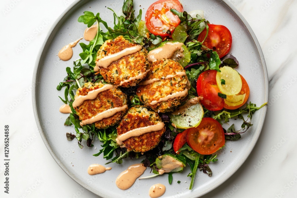 Quinoa patties with fresh salad and sauce on a gray plate Quinoa patties with fresh salad and sauce on a gray plate