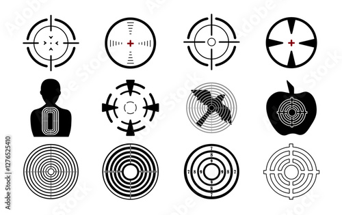 A collection of black target and crosshair icons in various styles, including human silhouette, apple, and numbered shooting targets. Vector illustration