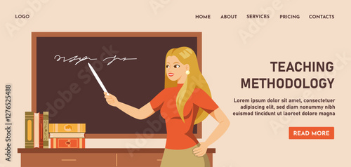 Female teacher pointing at a chalkboard with a stick while explaining a lesson. Books are stacked on a desk. Educational concept on a light background. Vector illustration
