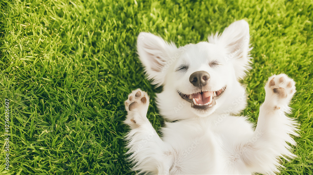 A happy white dog joyfully plays in the green grass, paws in the air, looking up at the sky. The scene is lively and full of energy, capturing a moment of freedom. A happy white dog joyfully plays in the green grass, paws in the air, looking up at the sky. The scene is lively and full of energy, capturing a moment of freedom.