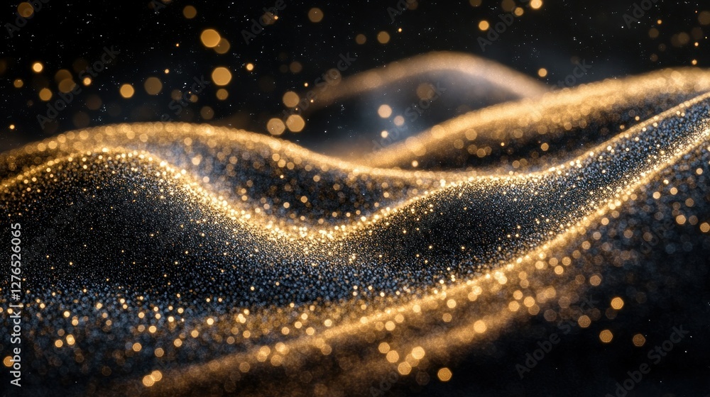 Glittering gold particles flowing, dark background, abstract art, website banner Glittering gold particles flowing, dark background, abstract art, website banner