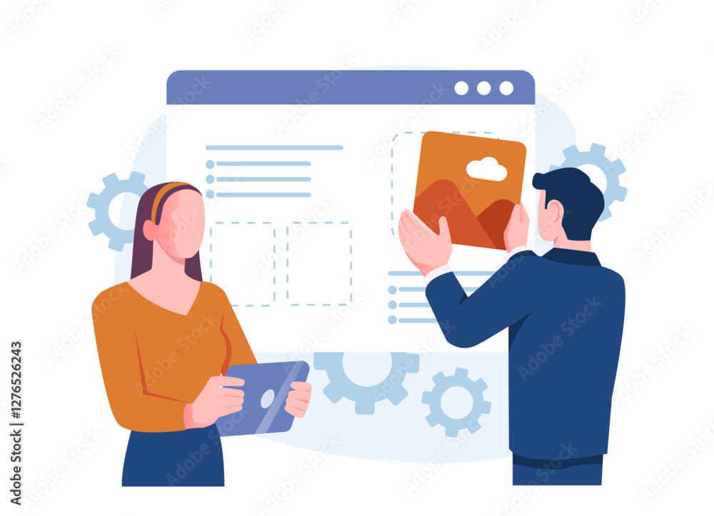 Two people collaborating on web design, one holding a tablet and another placing an image on a website interface. Abstract background with gears. Concept of UX UI development. Vector illustration Two people collaborating on web design, one holding a tablet and another placing an image on a website interface. Abstract background with gears. Concept of UX UI development. Vector illustration