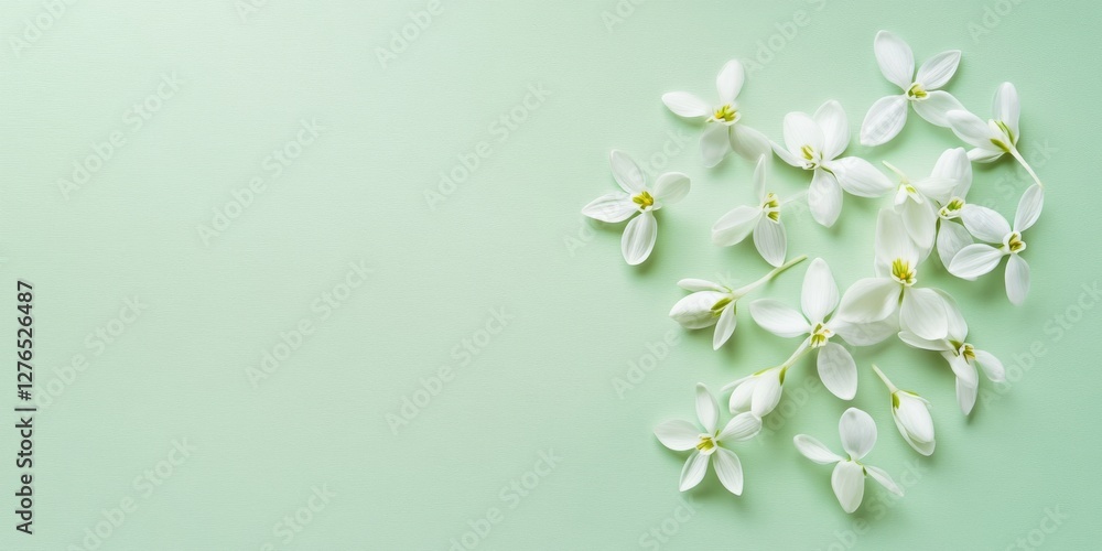 A bunch of delicate snowdrop flowers on a vibrant green background A bunch of delicate snowdrop flowers on a vibrant green background