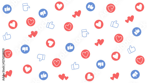 Social media reaction icons, including likes, dislikes and hearts in red and blue, scattered on a white background