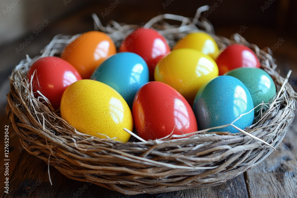A basket of colorful plastic Easter eggs, festive and playful, holiday theme A basket of colorful plastic Easter eggs, festive and playful, holiday theme
