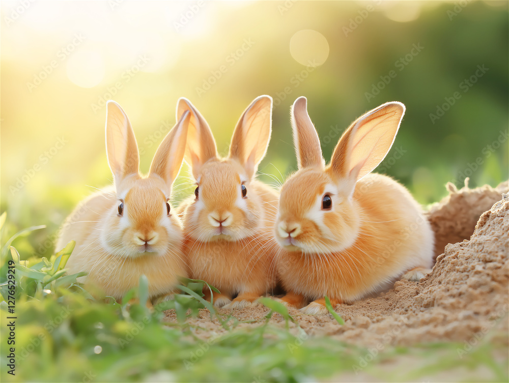 Obraz premium Three cute rabbits sitting in a garden, surrounded by soft grass and a bright, sunny day. They are adorable and full of life, perfect for spring themes.