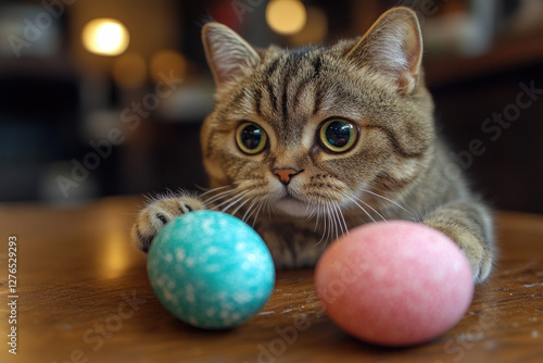 A cat playing with Easter e...