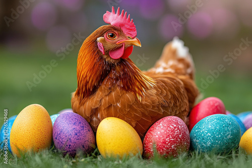 A chicken with Easter eggs,...