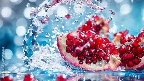 A fresh slice of pomegranate splashing into water, creating a vibrant and dynamic composition