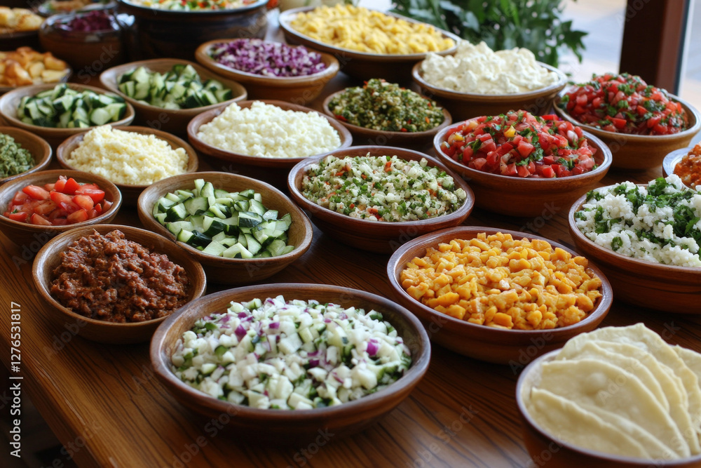 A table of Middle Eastern food, vibrant and appetizing, culinary theme A table of Middle Eastern food, vibrant and appetizing, culinary theme