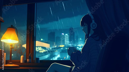 Wallpaper Mural lo-fi anime, lo-fi art, Anime Girl Watching Rainfall Through a Window at Night. Seamless looping time lapse animation video background  
 Torontodigital.ca