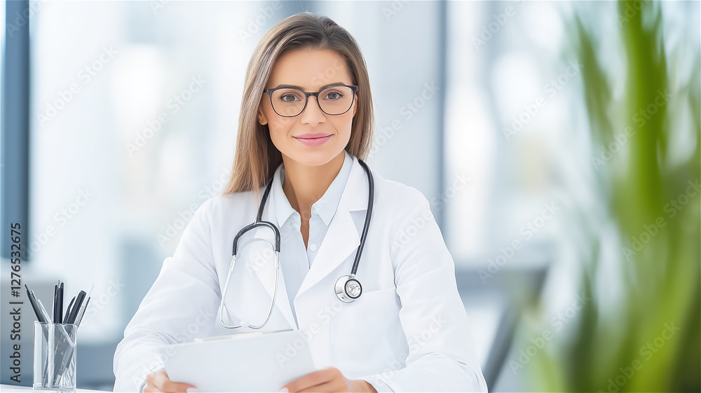 Female doctor with glasses and stethoscope consulting with a patient. The doctor is explaining health issues and providing medical advice in a well-lit, modern office environment. Female doctor with glasses and stethoscope consulting with a patient. The doctor is explaining health issues and providing medical advice in a well-lit, modern office environment.