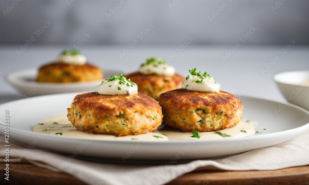 Delicious Homemade Fish Cakes with Creamy Sauce and Fresh Herbs Delicious Homemade Fish Cakes with Creamy Sauce and Fresh Herbs