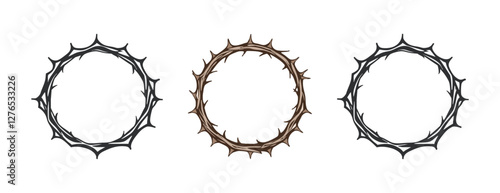 Crown of thorns religious Christian symbol black elements vector hand drawn illustration, Circle of thorns icon on Transparent  white Background