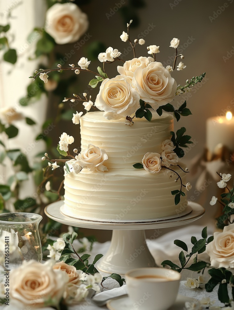 Elegant festive wedding cake with delicate buttercream and subtle gold accents, decorated with flowers Elegant festive wedding cake with delicate buttercream and subtle gold accents, decorated with flowers