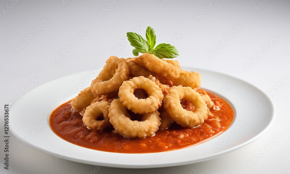 Crispy Fried Calamari Rings on Tomato Sauce with Fresh Basil Leaf Crispy Fried Calamari Rings on Tomato Sauce with Fresh Basil Leaf