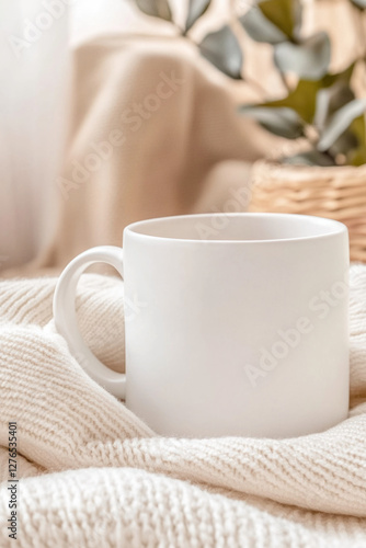 Cozy white ceramic mug surrounded by soft textiles in a warm setting