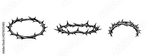 Crown of thorns religious Christian symbol black elements vector hand drawn illustration, Circle of thorns icon on Transparent  white Background