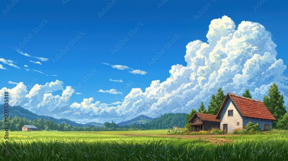 Fototapeta premium A serene landscape featuring a quaint house surrounded by lush fields and majestic mountains under a bright blue sky with fluffy clouds.