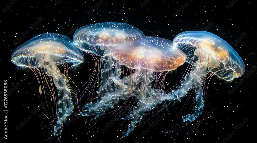 Fototapeta premium Glowing jellyfish in dark ocean: luminescent marine creatures.