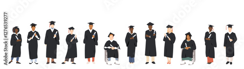 Group of graduated students, wearing academic gowns and graduation caps, holding diplomas.