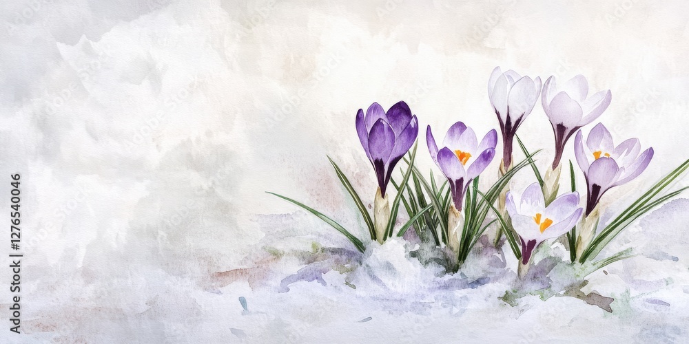 Obraz premium Beautiful purple and white flowers are emerging and growing out of the snow