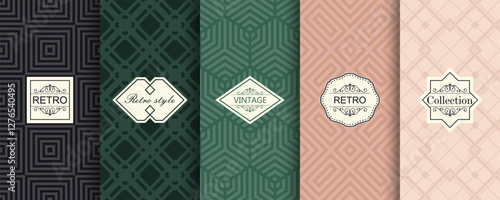 Vector geometric seamless patterns for print, decor, voucher, package, banner. Trendy set of abstract colorful backgrounds with minimal labels, frames. Abstract modern retro line ornament textures