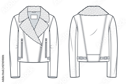 Shearling Aviator Jacket Technical Fashion Illustration. Leather Jacket with Fur Collar fashion flat technical drawing template, pockets, front and back view, white, women, men, unisex CAD mockup.