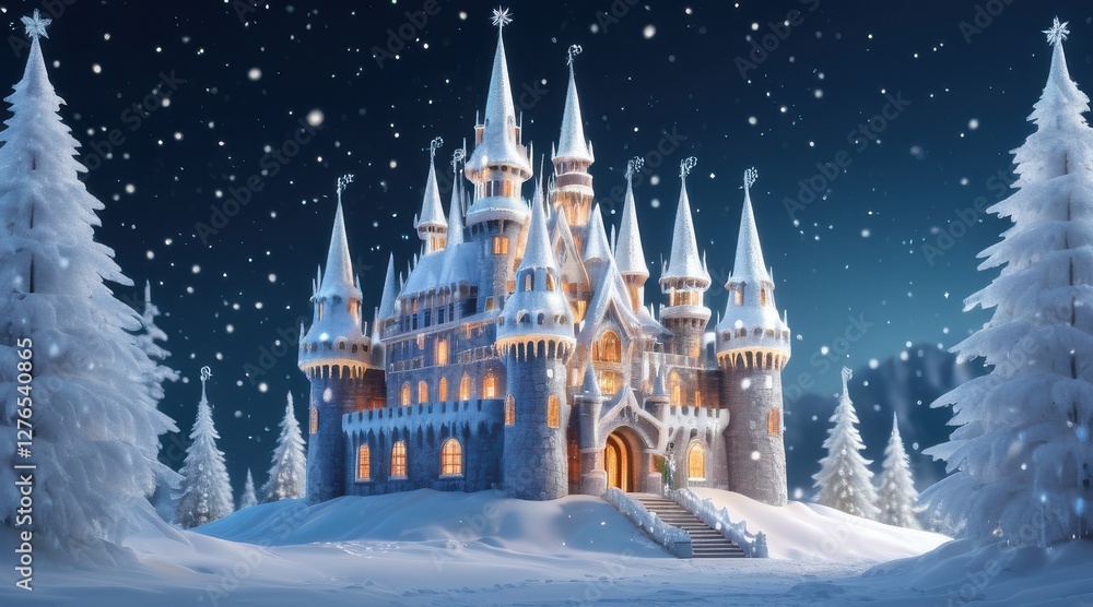 Snow Covered Castle Illuminated at Night with Falling Snow on Dark Blue Sky Snow Covered Castle Illuminated at Night with Falling Snow on Dark Blue Sky