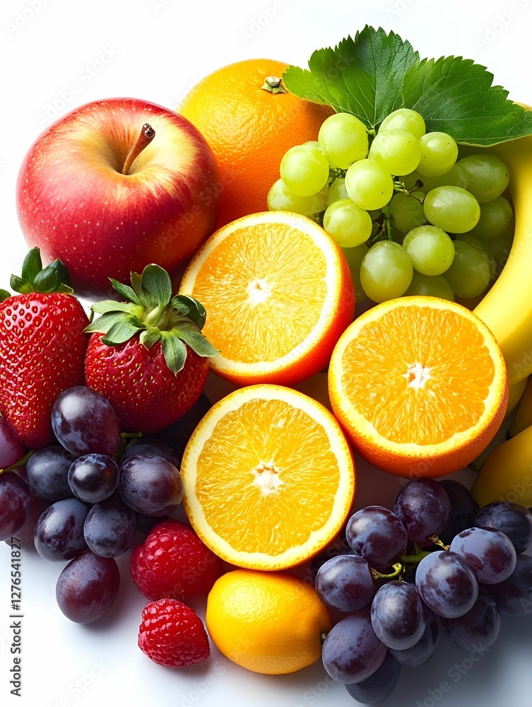 A vibrant assortment of fresh fruits including apples, oranges, grapes, strawberries, and bananas is artfully arranged against a clean, white background, highlighting their colors and textures. A vibrant assortment of fresh fruits including apples, oranges, grapes, strawberries, and bananas is artfully arranged against a clean, white background, highlighting their colors and textures.