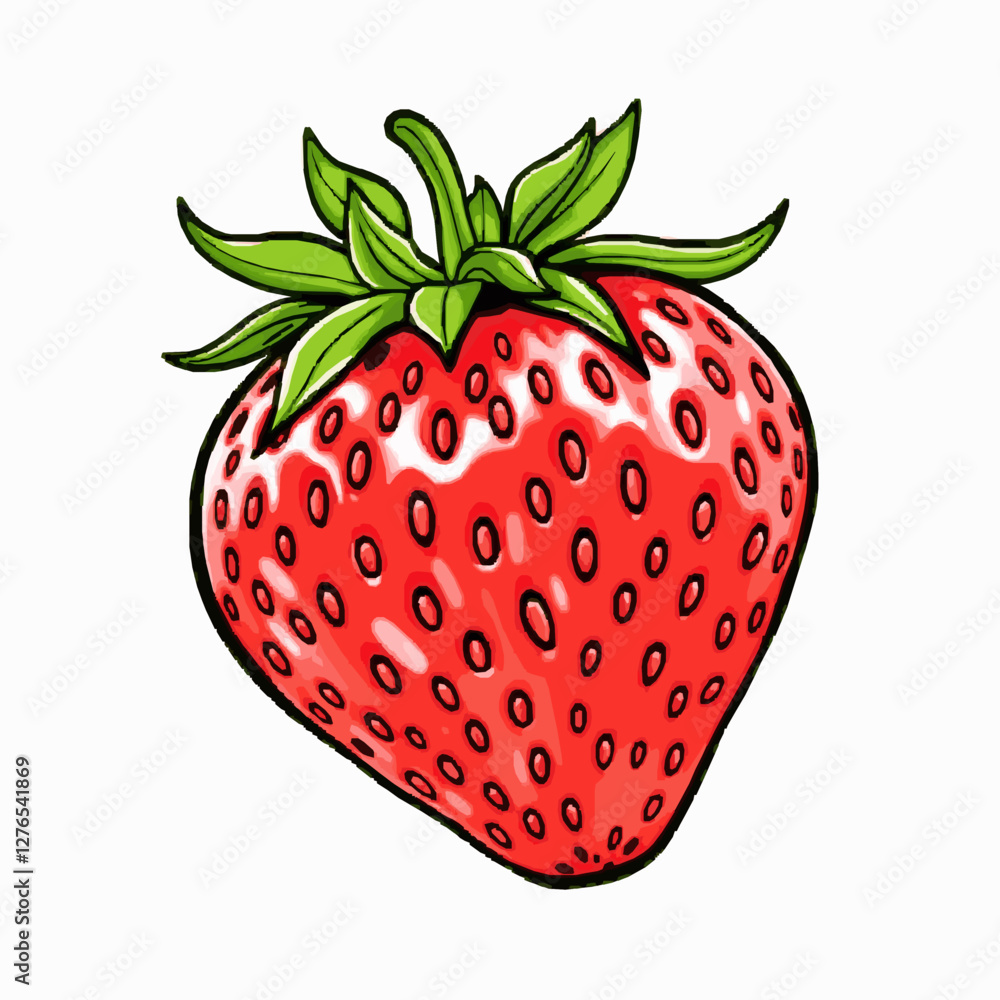 Fototapeta premium Ripe Red Strawberry with Green Leaves White Outline Vector