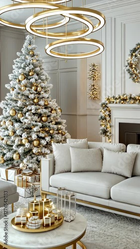 Beautifully decorated living space features a stylish Christmas tree, modern furniture, and festive accents for the holiday season