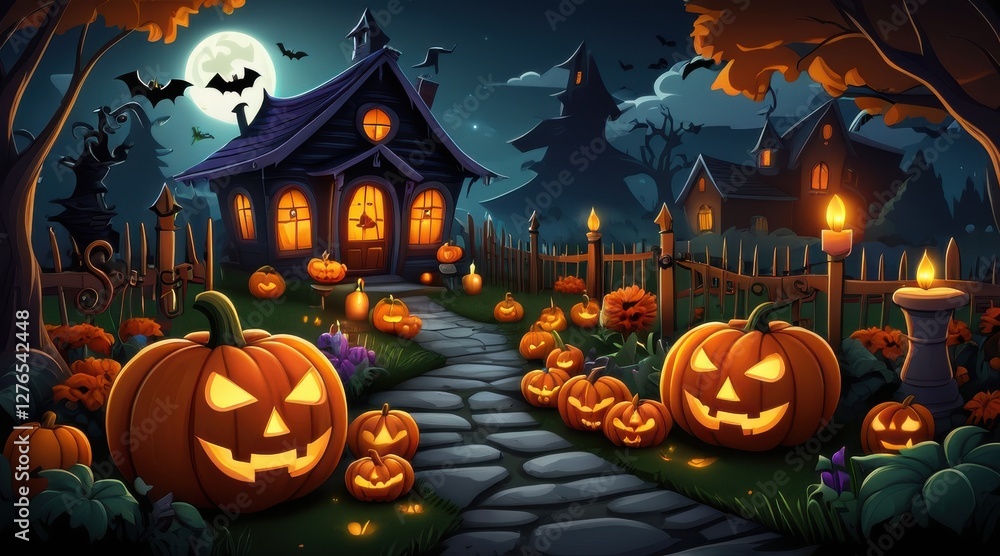 Spooky Halloween Night Scene Glowing Pumpkins and a Haunted House Spooky Halloween Night Scene Glowing Pumpkins and a Haunted House