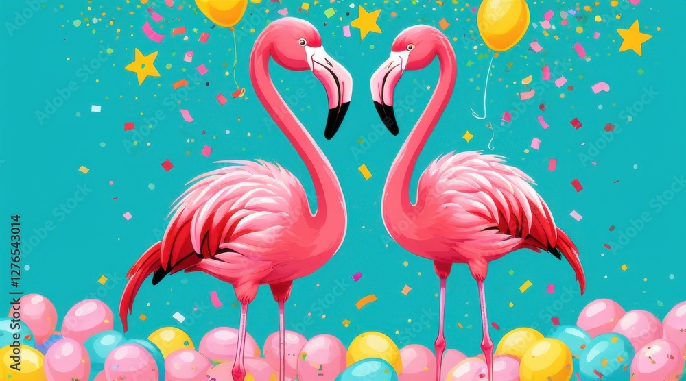 Obraz premium Two Pink Flamingos Amidst Pastel Balloons and Confetti on Teal Background
