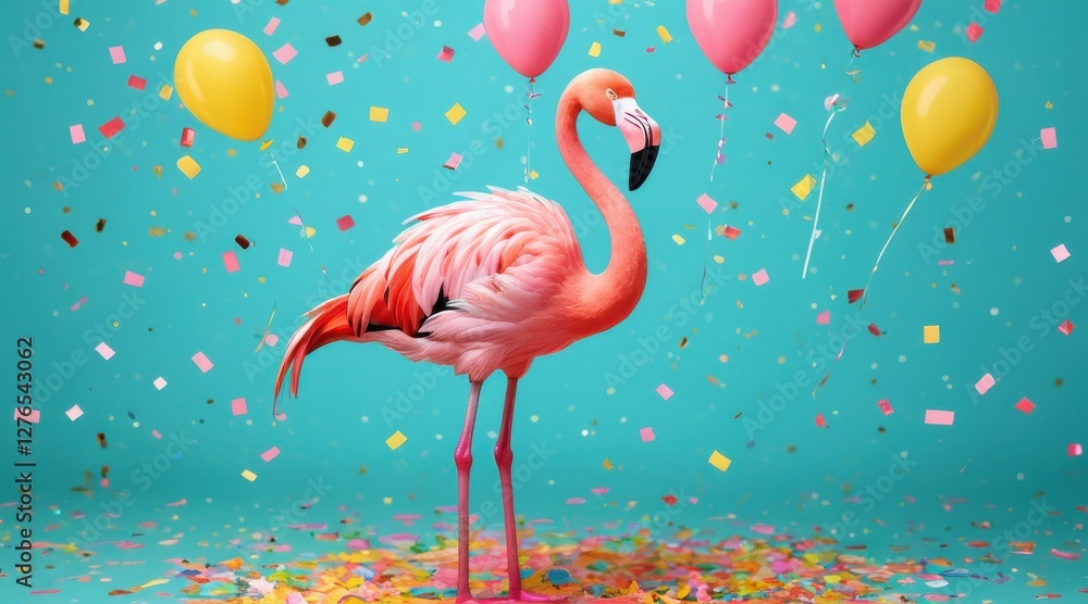 Obraz premium Pink Flamingo Party Confetti and Balloons Celebration