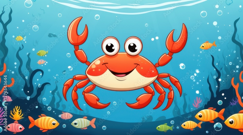 Happy Red Crab Cartoon in Vibrant Underwater Scene Happy Red Crab Cartoon in Vibrant Underwater Scene