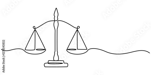 The continuation of a one-line drawing of law weights. The design is minimalist in style, and the scale is made of metal, Scales Continuous Line Art Drawing. Balance Concept One Line Illustration. 