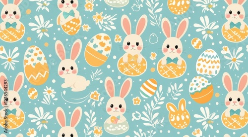 Adorable Pixel Art Bunnies and Pastel Eggs Seamless Pattern
