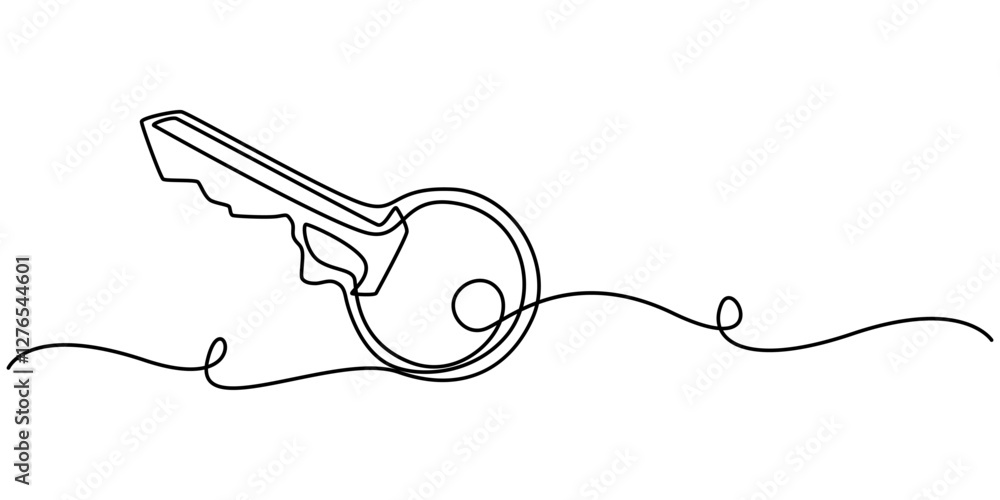 Obraz premium One line drawing of big key isolated on white background, Continuous line drawing of key. One line art, minimalist key illustration, vector outline for security and design. Single line artwork pro.