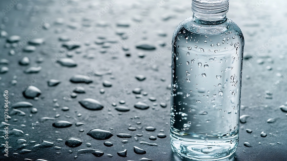 Refreshing hydration, A chilled water bottle amidst a misty backdrop Refreshing hydration, A chilled water bottle amidst a misty backdrop