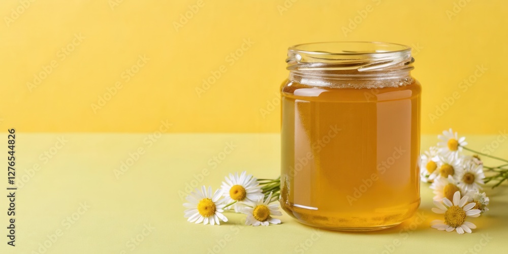 Organic jar of honey with chamomile flowers on yellow background Organic jar of honey with chamomile flowers on yellow background