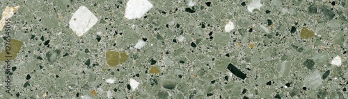 Speckled olive green terrazzo stone, polished texture, modern minimalist appeal