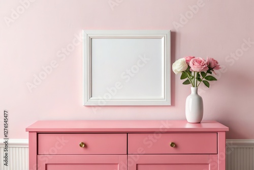 Blank picture frame on a pink cabinet with rose in vase decoration in pink room