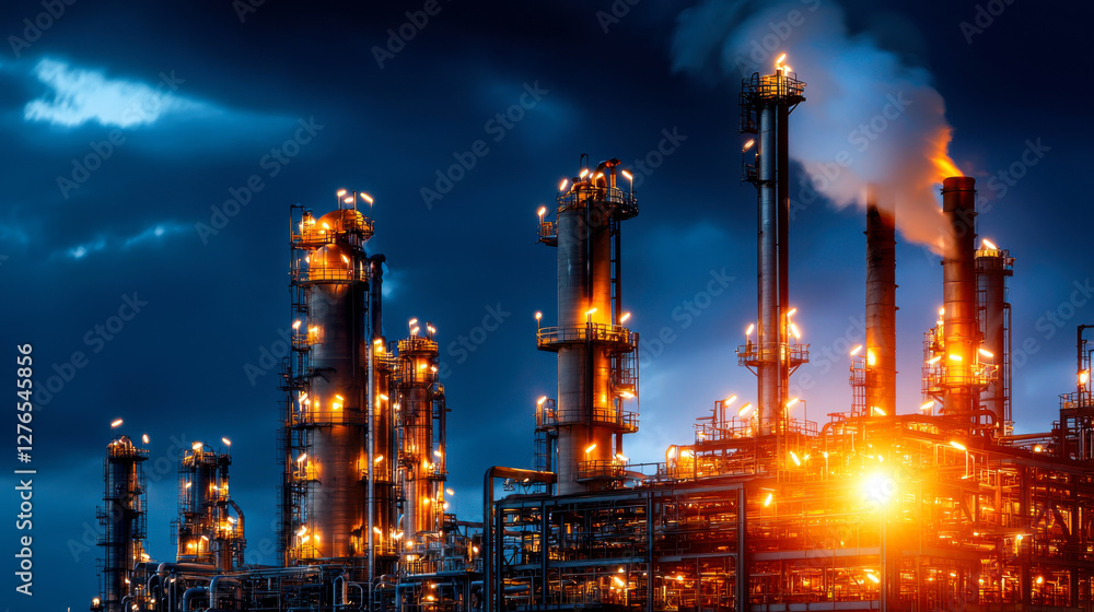 Fototapeta premium Oil refinery at night with glowing lights and smoke, industrial scene