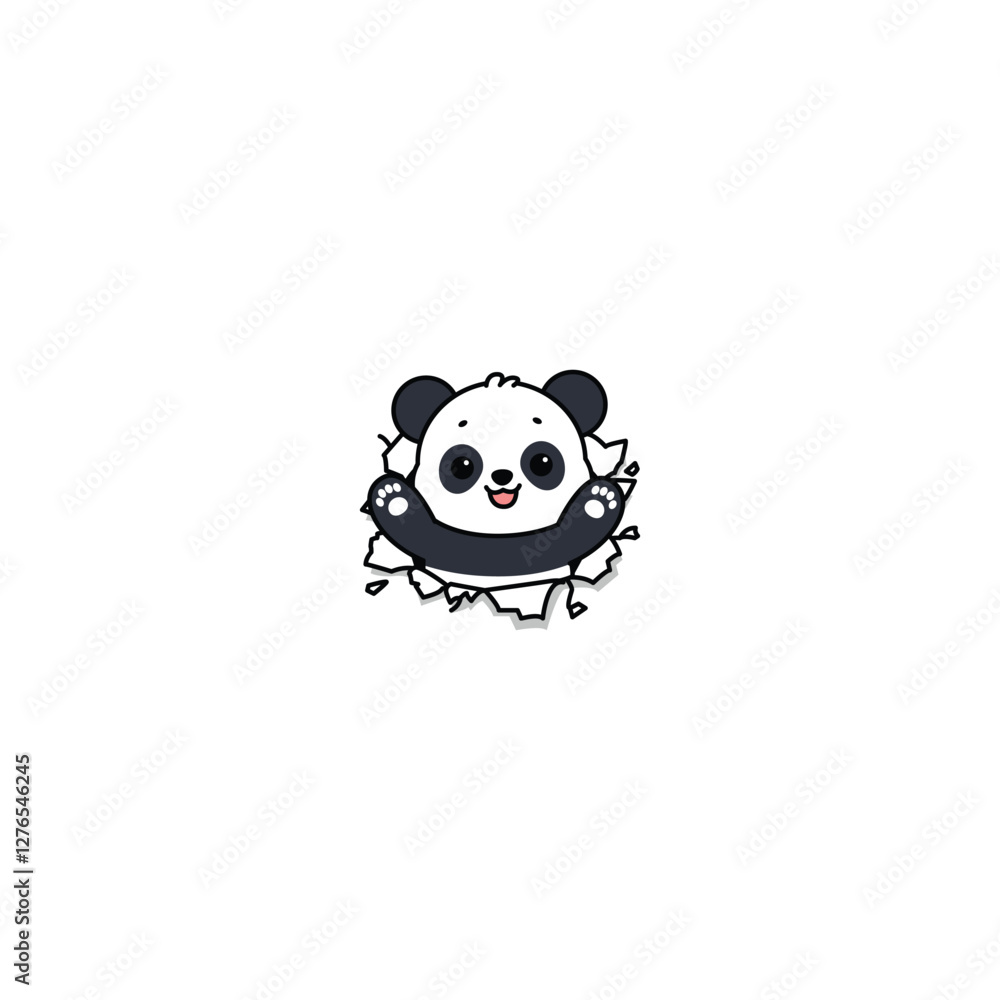 Cute cheerful panda break through the paper cartoon, vector illustration Cute cheerful panda break through the paper cartoon, vector illustration