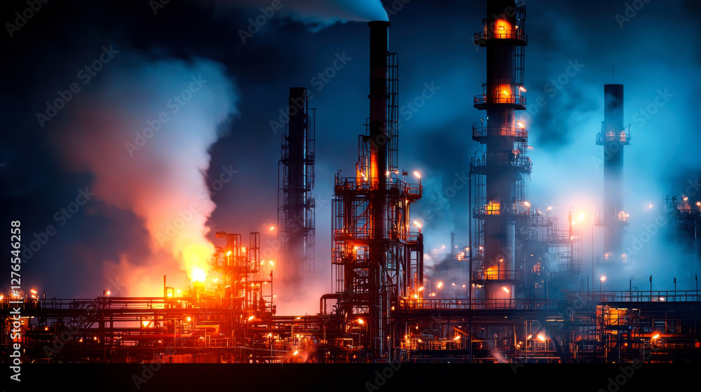 Fototapeta premium Industrial oil refinery at night with glowing lights and smoke